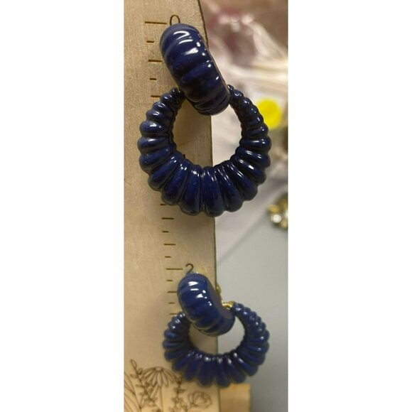 Vintage 80s Retro Royal Blue Enamel Gold tone Clip-On Hoop Earrings - Picture 2 of 5